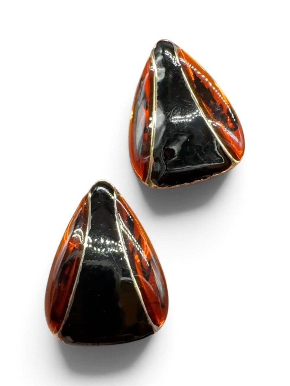 Vintage Pierced Earrings Gold Tone Triangles Black and Deep Orange Enamel